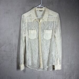 VTG Guess Sheer Lace Blouse Size L Ivory Romantic 90s Witchy Whimsigoth Layering